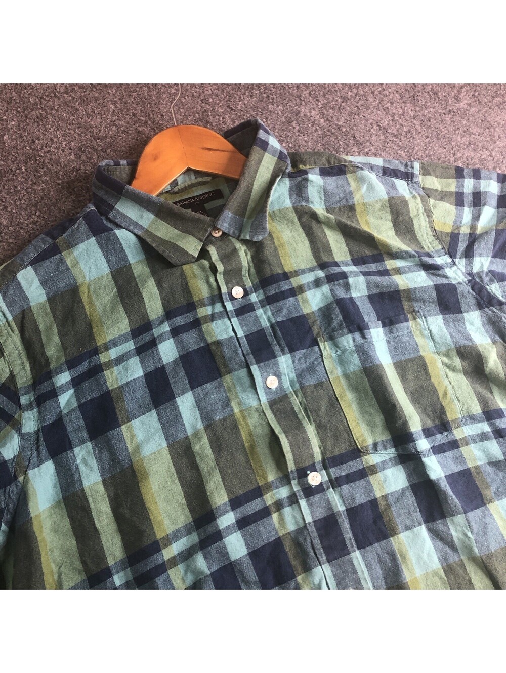 Banana Republic Shirt Men XL Blue Green Linen Blend Short Sleeve Standard Madras